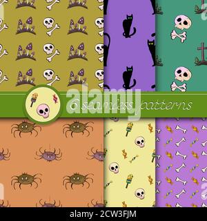 Vector set of six Halloween seamless patterns. Colored. Stock Vector