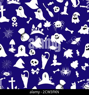 Vector seamless pattern with Halloween objects and creatures, in blue and white colors. Stock Vector