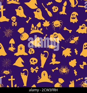 Vector seamless pattern with Halloween objects and creatures, in purple and orange colors. Stock Vector