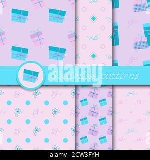 Vector set of six seamless patterns with gift boxes and bows, in turquoise and lilac colors. Stock Vector