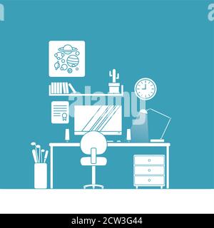 Desk setup and furniture illustration Stock Vector