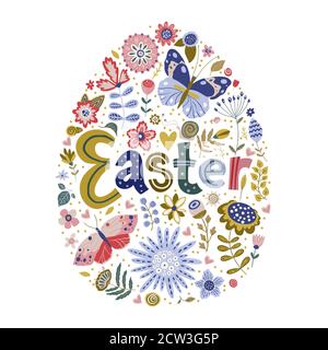 Floral color vector lettering greeting card with Easter egg in a flat style. Ornate flower holiday spring illustration with hand drawn calligraphy text quote - Happy Easter. Stock Vector