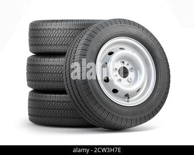 Set of car wheels with tyres for vans and trucks isolated on white background. 3d illustration Stock Photo