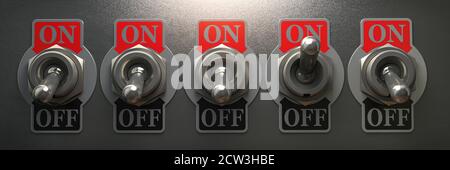 Row of retro toggle switch in OFF position and one in ON position on metal background. 3d illustration Stock Photo