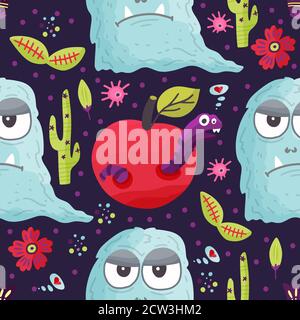 Cute cartoon monster with apple and worm caterpillar vector seamless pattern in a flat style. Funny kid alien character background. Mutant beast animal comic wallpaper on a dark background. Stock Vector