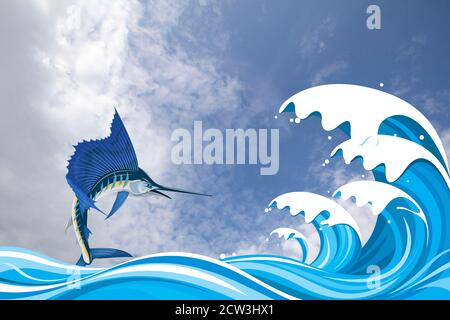 Blue marlin fish leaping out of the water over high ocean waves set against a cloudy blue sky Stock Photo