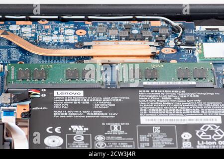 Image depicting an open laptop computer showing both memory or RAM banks in use Stock Photo