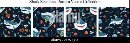 Underwater cartoon funny shark fish seamless animal vector pattern set. Ornate kid sea illustration in a flat style. Tropical ocean cute summer background collection. Stock Vector