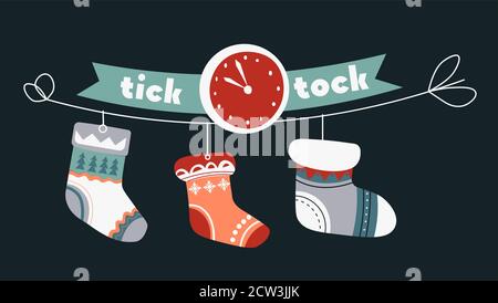 Tick tock Christmas holidays celebration, clock and socks Stock Vector