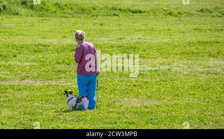 Cape Town, South Africa - unidentified woman walks her dog in a public park Stock Photo