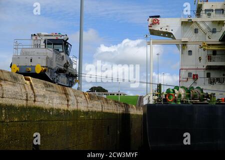 Panama Canal - Canal de Panama - Mules or Towing locomotive in Pedro Miguel Locks Stock Photo