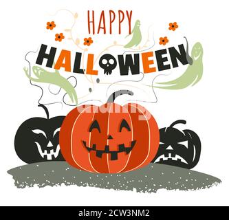 Happy Halloween autumn holiday celebration, carved pumpkins faces Stock Vector