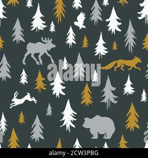 Hand-drawn forest silhouettes seamless pattern with animals:elk, fox, hare, bear, owl Stock Vector
