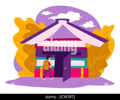 Educational establishment, kid walking in building of books Stock Vector