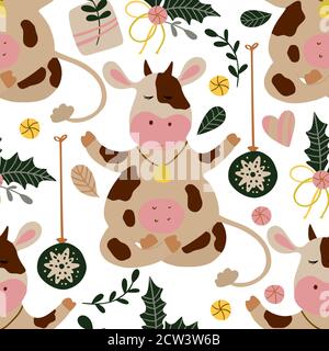 Cow seamless vector pattern. Christmas dreaming cow meditate on a cloud with decorations. Christmas 2021. Cartoon, farm illustration on a white background. Stock Vector