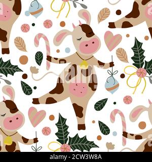 Cow seamless vector pattern. New Year of the cow. Christmas ñartoon farm animal with berries and candy. New Year wallpaper 2021. Stock Vector