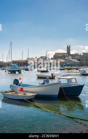 Penzance Cornwall, view in summer of fishing boats moored in Penzance harbour, Cornwall, south west England, UK Stock Photo