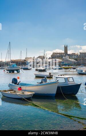 Penzance town, view in summer of fishing boats moored in Penzance harbour, Cornwall, south west England, UK Stock Photo