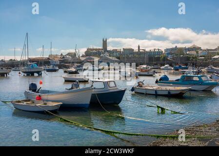 Penzance town, view in summer of fishing boats moored in Penzance harbour, Cornwall, south west England, UK Stock Photo