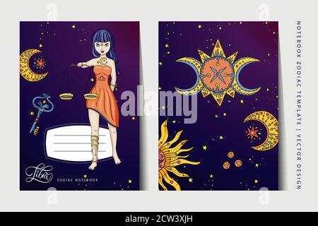 Zodiac Libra girl notebook vector template. Book layout for a3, a4, a5 paper size. School education art. Astrology woman, horoscope symbol. Cover page design. Stock Vector