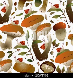 Autumn forest mushroom seamless vector pattern. Brown boletus and snail nature ornate drawing on a white background. Stock Vector