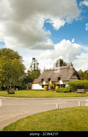 Thatched cottages on the village green in the Buckinghamshire village of Cuddington Stock Photo