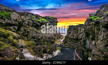 Pingvellir (Thingvellir) National Park, Tectonic Plates at sunset in Iceland. Stock Photo