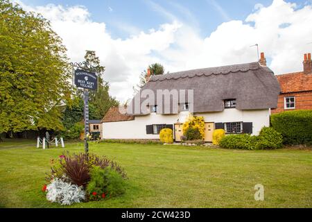 Thatched cottages on the village green in the Buckinghamshire village of Cuddington Stock Photo