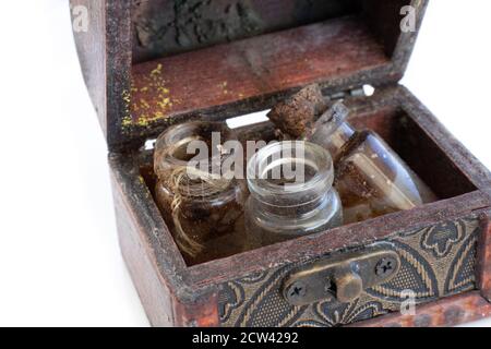 chest with old potions with mold isolated on white background Stock Photo