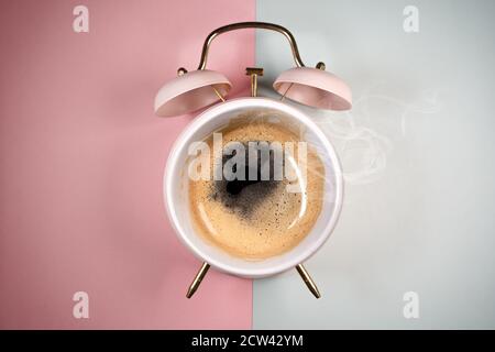Hot Coffee Retro pink Alarm Clock coffe time Stock Photo