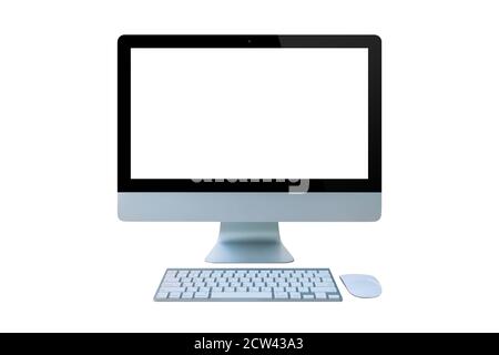 Computer monitor, mouse, keyboard isolated on white background. Stock Photo