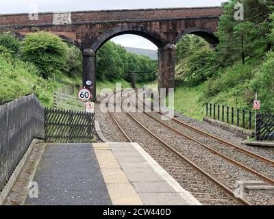 Dent Station, the highest railways station in England lies on the Settle-Carlisle line. Looking north from the up platform. Stock Photo