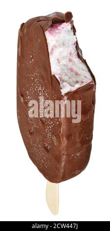 Bitten ice cream on a stick covered in dark chocolate glaze isolated Stock Photo