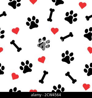 Animal seamless pattern isolated on white background. Dog paw, bone and heart symbol, vector illustration design . Stock Vector