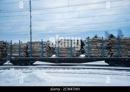 The train carries birch firewood in winter. Railway car carrying birch logs. Firewood preparation. Stock Photo