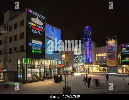 A shopping center in Rovaniemi city, Finland, Lapland in winter evening. Christmas and New Year's illumination. Stock Photo