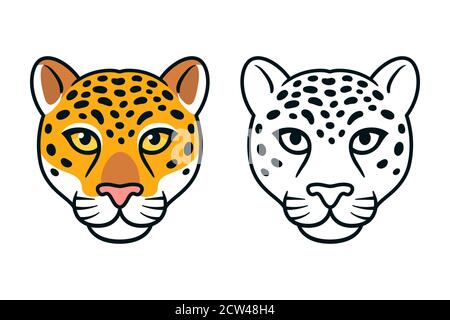 Cartoon jaguar or leopard head. Wild big cat face, color and black and white, mascot or logo design. Isolated vector illustration. Stock Vector