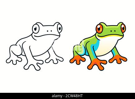 Red-Eyed Tree Frog, cute cartoon illustration of Central American rainforest frog in the wild. Stock Vector