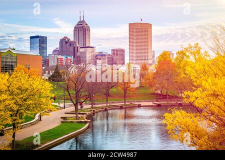 Indianapolis, Indiana, USA river walk and skyline at dusk in the evening. Stock Photo