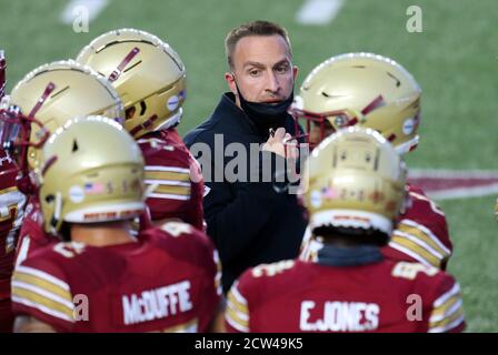 Alumni Stadium. 26th Sep, 2020. MA, USA; Boston College Eagles head coach Jeff Hafley during the NCAA football game between Texas State Bobcats and Boston College Eagles at Alumni Stadium. Anthony Nesmith/CSM/Alamy Live News Stock Photo