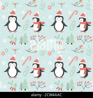 Merry christmas seamless pattern. Cute penguin in winter forest repeating texture.Little penguins wearing santa claus hat, snowflakes endless Stock Vector