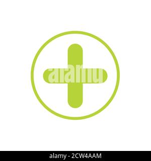 green cross in green circle. Flat vector icon isolated on white. Add or plus purchase pictogram. Good for web and mobile design. Stock Vector
