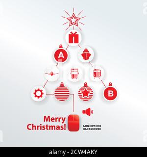 Christmas logistics card. Schematic christmas tree with PC mouse on white background. Flat icons Stock Vector