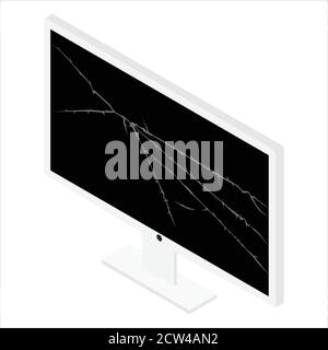 Broken cracked computer monitor screen. Vector. Isometric view. Isolated on white background Stock Vector
