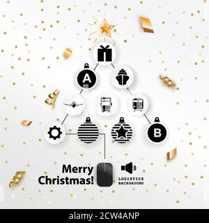 Christmas logistics card. Schematic christmas tree with PC mouse on white background. Flat icons Stock Vector