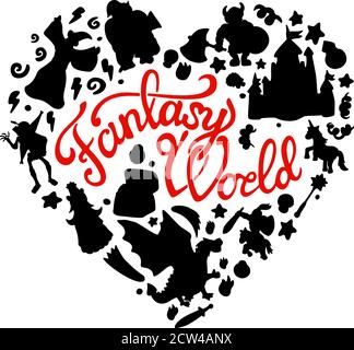 Beautiful fantasy collection with different creatures and heroes black silhouettes on white background Stock Vector