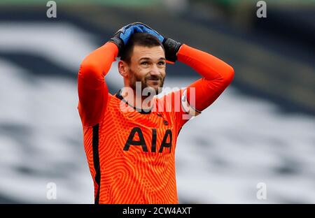 Tottenham Hotspur goalkeeper Hugo Lloris reacts after they are awarded a penalty against them during the Premier League match at Tottenham Hotspur Stadium, London. Stock Photo