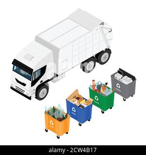 Trash in garbage cans with sorted garbage and garbage truck. Recycling garbage separation collection and recycled isolated on white background Stock Vector