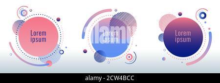 Set of circle round badges pink and blue gradient color on white background with geometric elements. Vector illustration Stock Vector