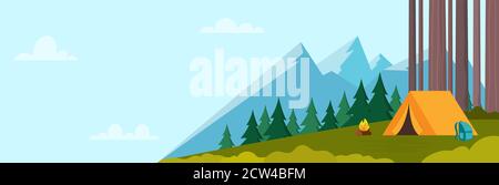 Summer Camping day in mountains. Mountains, trees, tent and campfire. Horizontal banner for Climbing, hiking, trakking sport, adventure tourism, trave Stock Vector